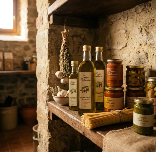 Włoskie produkty regionalne, oliwa z oliwek, makaron i pesto na drewnianej półce w rustykalnej spiżarni.